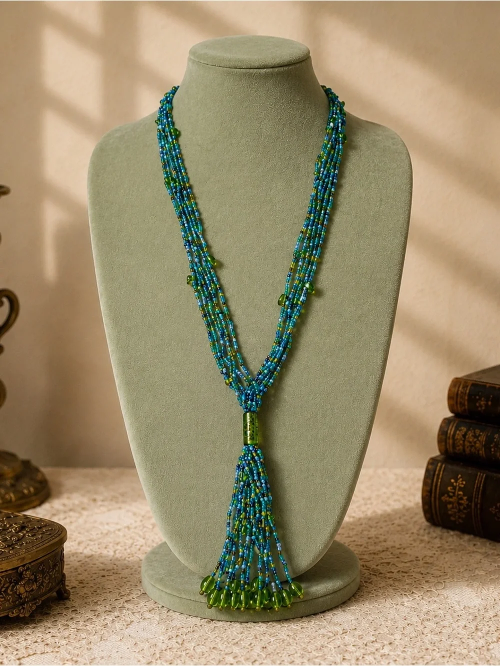 Boho Multi Strand Seed Bead Tassel Necklace Blue Green Glass Accent Y2K Vintage